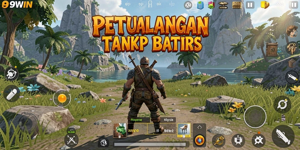 Screenshot utama 9WIN menampilkan aksi eksplorasi dunia terbuka.