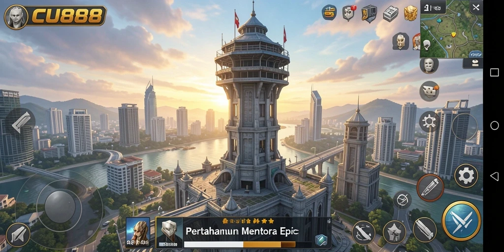 Screenshot CU888 menampilkan aksi seru pertahanan menara.