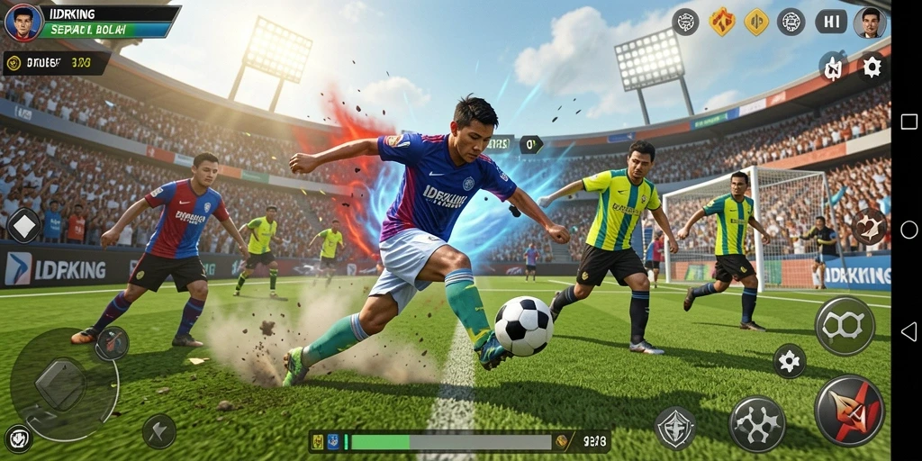 Gameplay seru IDRKING menghadirkan laga sepak bola mendebarkan.