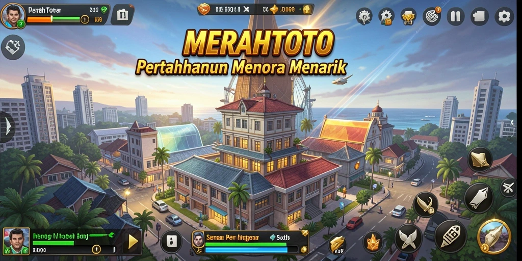 Tampilan gameplay MERAHTOTO dengan menara yang megah dan musuh beragam.