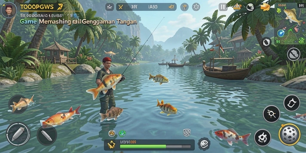 Screenshot utama TOOPGWS menampilkan pemain yang sedang memancing di danau indah.
